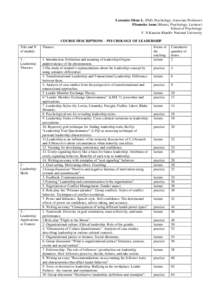 Lutsenko Olena L. (PhD, Psychology, Associate Professor) Filonenko Anna (Master, Psychology, Lecturer) School of Psychology V. N.Karazin Kharkiv National University COURSE DESCRIPTIONS – PSYCHOLOGY OF LEADERSHIP Title 