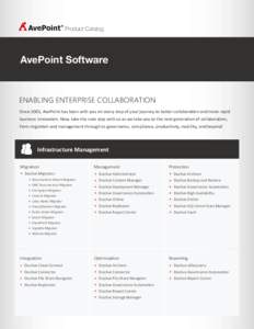 Product Catalog  AvePoint Software ENABLING ENTERPRISE COLLABORATION Since 2001, AvePoint has been with you on every step of your journey to better collaboration and more rapid