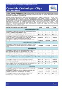 Global School-based Student Health Survey  Colombia (Valledupar City[removed]Fact Sheet  The 2007 Colombia (Valledupar City) GSHS measured alcohol and other drug use; sexual behaviours that contribute