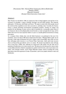 Presentation Title : Natural Water Sanctuaries, Rich in Biodiversity [Shinjiro YANO] [Research Scientist] [Suntory Global Innovation Center Ltd.]  Abstract :