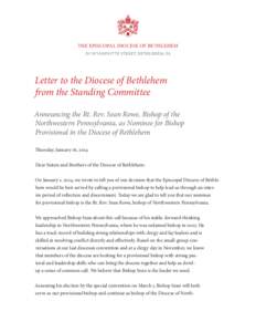 THE EPISCOPAL DIOCESE OF BETHLEHEM 333 WYANDOTTE STREET, BETHLEHEM, PA Letter to the Diocese of Bethlehem from the Standing Committee Announcing the Rt. Rev. Sean Rowe, Bishop of the