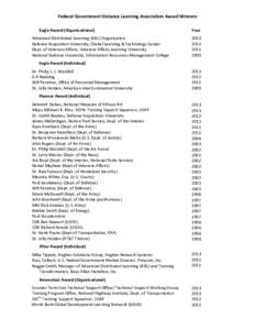 Federal Government Distance Learning Association Award Winners Eagle Award (Organizational) Advanced Distributed Learning (ADL) Organization Defense Acquisition University, Global Learning & Technology Center Dept. of Ve