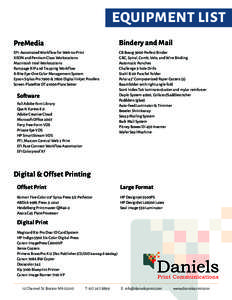 EQUIPMENT LIST PreMedia Bindery and Mail  EFI- Automated Workflow for Web-to-Print