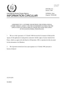 INFCIRC[removed]Agreement of 11 October 1989 between the Agency and the Government of India for the Application of Safeguards in connection with the Supply of Nuclear Material from France