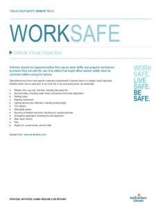 THIS IS YOUR SAFETY MOMENT NO.14  WORKSAFE Vehicle Visual Inspection Vehicles should be inspected before first use on work shifts and properly maintained to ensure they are safe for use. Any defect that might affect work