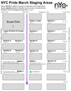 NYC Pride March Staging Areas Group Members report to section no later than time listed below. Group Leaders report to Check-in one hour prior to section time. Vehicles must be in place no later than 11 a.m.  Sixth Ave