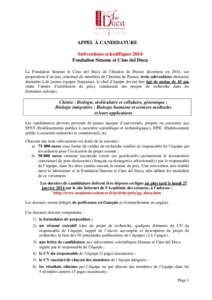 Subventions scientifiques 2014 Fondation Simone et Cino del Duca : Appel à candidature