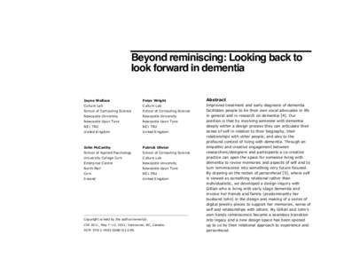 Beyond reminiscing: Looking back to look forward in dementia Jayne Wallace Peter Wright