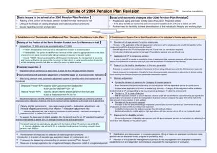 Outline of 2004 Pension Plan Revision 【 Basic issues to be solved after 2000 Pension Plan Revision 】 ○ Raising of the portion of the basic pension funded from tax revenues to half ○ Lifting of the freeze on rai