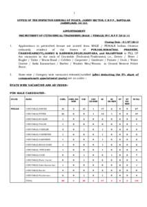 1 OFFICE OF THE INSPECTOR GENERAL OF POLICE, JAMMU SECTOR, C.R.P.F., BANTALABJAMMU(J&KADVERTISEMENT ‘RECRUITMENT OF CT(TECHNICAL/TRADESMEN) (MALE / FEMALE) IN C.R.P.F.’Closing Date : 