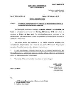 MOST IMMEDIATE LOK SABHA SECRETARIAT (QUESTION BRANCH) Parliament House Annexe, New Delhi – [removed]No[removed]XVI/IV/2015-Q