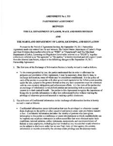 Amendment No 1. To Partnership Agreement between the U.S. Department of Labor, Wage and Hour Division and the Maryland Department of Labor, Licensing, and Regulation