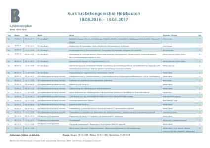 Kurs Erdbebengerechte Holzbauten – Lektionenplan Stand: V3 Tag