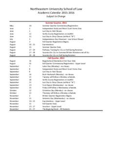 Northeastern University School of Law Academic CalendarSubject to Change Summer Quarter, 2015 May