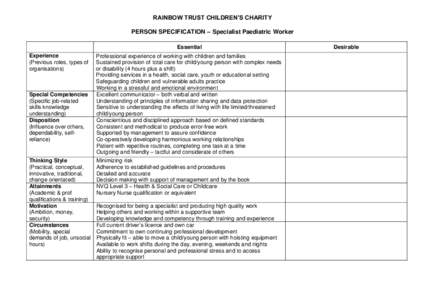 RAINBOW TRUST CHILDREN’S CHARITY PERSON SPECIFICATION – Specialist Paediatric Worker Essential Experience (Previous roles, types of organisations)