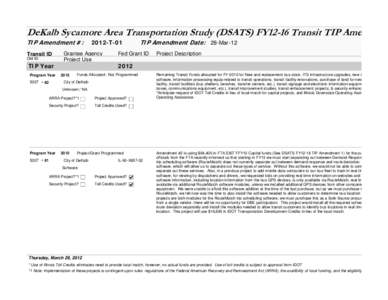 DeKalb Sycamore Area Transportation Study (DSATS) FY12-16 Transit TIP Ame TIP Amendment #: Transit ID Old ID  TIP Year