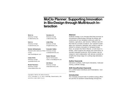 MoClo Planner: Supporting Innovation in Bio-Design through Multi-touch Interaction Sirui Liu Veronica Lin