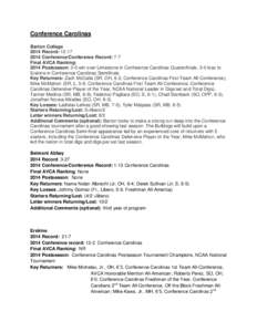 Conference Carolinas Barton College 2014 Record: [removed]Conference/Conference Record: 7-7 Final AVCA Ranking: 2014 Postseason: 3-0 win over Limestone in Conference Carolinas Quarterfinals, 3-0 loss to