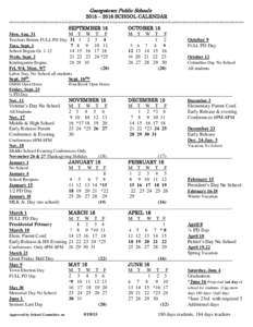 Georgetown Public Schools 2015 – 2016 SCHOOL CALENDAR ==================================================================================== SEPTEMBER 15 OCTOBER 15 Mon. Aug. 31