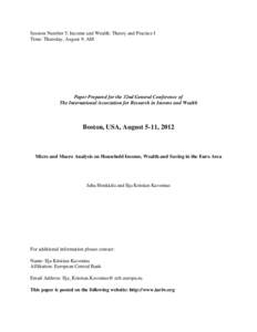 Session Number 5: Income and Wealth: Theory and Practice I Time: Thursday, August 9, AM Paper Prepared for the 32nd General Conference of The International Association for Research in Income and Wealth