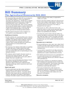 Microsoft Word - Bill Summary -- The Agriculture Biosecurity Bill 2013.doc