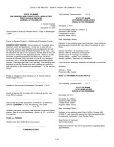 LEGISLATIVE RECORD - SENATE, FRIDAY, DECEMBER 17, 2010  STATE OF MAINE ONE HUNDRED AND TWENTY-FIFTH LEGISLATURE FIRST REGULAR SESSION JOURNAL OF THE SENATE