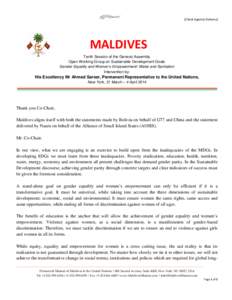 [Check Against Delivery]  MALDIVES Tenth Session of the General Assembly Open Working-Group on Sustainable Development Goals Gender Equality and Women’s Empowerment/ Water and Sanitation