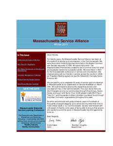 Massachusetts Service Alliance Winter 2011 In This Issue Celebrating 20 Years of Service MLK Day 2011 Highlights