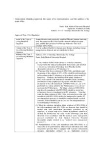 Corporation obtaining approval, the name of its representative, and the address of its main office Name: Jichi Medical University Hospital Applicant: Yoshikazu Yasuda Address: [removed]Yakushiji, Shimotsuke-shi, Tochigi Ap