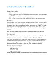 ActiveCollab ShadowViewer Module Manual Installation Process 1) Unzip archive to any directory on your computer; 2) With the help of ftp client or web interface, upload folders to ac directory. Overwrite all folders when