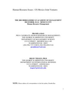 Human Resource Issues : US-Mexico Joint Ventures  THE 2001 IBEROAMERICAN ACADEMY OF MANAGEMENT DECEMBER, 10-12, MEXICO CITY Human Resource Management