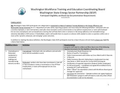 Washington Workforce Training and Education Coordinating Board Washington State Energy Sector Partnership (SESP) Participant Eligibility and Back-Up Documentation Requirements Revised[removed]ENROLLMENT: