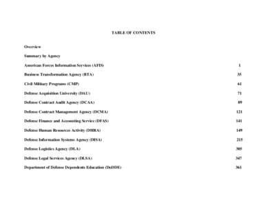 TABLE OF CONTENTS  Overview Summary by Agency American Forces Information Services (AFIS)