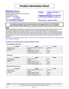 Product Information Sheet Panasonic Batteries Lithium-ion Batteries (Li-ion) Applicable models/sizes: All Cylindrical