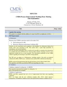 MINUTES CMDh Process Improvement Working Party Meeting with Stakeholders Monday 19th May[removed] EMA, Room 2G Chairperson: Christer Backman, SE