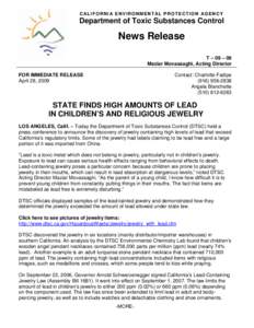 CALIFORNIA ENVIRONMENTAL PROTECTION AGENCY  Department of Toxic Substances Control News Release T – 09 – 09