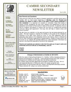 CAMBIE SECONDARY NEWSLETTER May 26, 2014 B. Wiens Principal