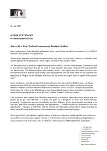 10 JuneMEDIA STATEMENT For Immediate Release  Antarctica New Zealand announces Invited Artists
