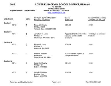 2012  LOWER KUSKOKWIM SCHOOL DISTRICT, REAA #4 Superintendent: Gary Baldwin