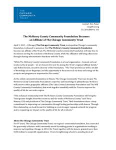 Contact: Eva Penar [removed[removed]x 161 The McHenry County Community Foundation Becomes an Affiliate of The Chicago Community Trust