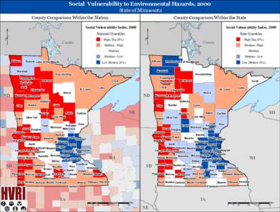 Social Vulnerability to Environmental Hazards, 2000 State of Minnesota County Comparison Within the Nation  County Comparison Within the State