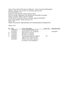 Agency Name: Board of Examiners in Opticianry - Labor, Licensing and Regulation Statutory Authority: , , , andDocument Number: 4723 Proposed in State Register Volume and Issue: 40/10 Hous
