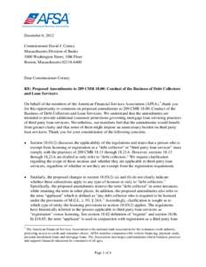 December 6, 2012 Commissioner David J. Cotney Massachusetts Division of Banks 1000 Washington Street, 10th Floor Boston, Massachusetts[removed]