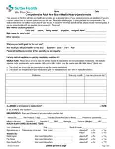 Comprehensive Adult New Patient Health History Questionnaire