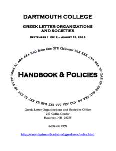 DARTMOUTH COLLEGE GREEK LETTER ORGANIZATIONS AND SOCIETIES September 1, 2012 – August 31, 2013  Handbook & Policies