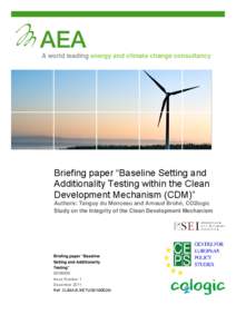 A world leading energy and climate change consultancy  Briefing paper “Baseline Setting and Additionality Testing within the Clean Development Mechanism (CDM)” Authors: Tanguy du Monceau and Arnaud Brohé, CO2logic