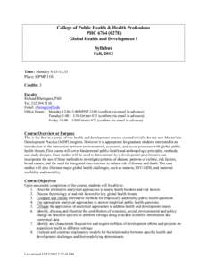 College of Public Health & Health Professions PHC027E) Global Health and Development I Syllabus Fall, 2012