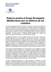 GRUPO ECOLOGISTA MEDITERRÁNEO Apartado de correos 540, 04080 Almería Mov. Secretaría[removed]www.gem.es, [removed]  Paterna premia al Grupo Ecologista