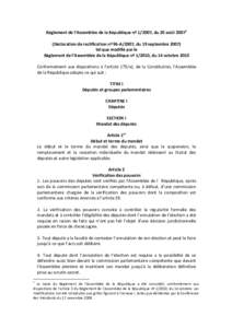 Règlement de l’Assemblée de la République nº 1/2007, du 20 août[removed]Déclaration de rectification nº 96-A/2007, du 19 septembre[removed]tel que modifié par le Règlement de l’Assemblée de la République nº 