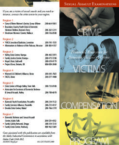Sexual Assault Examinations If you are a victim of sexual assault and you need assistance, contact the crisis center in your region. Region 1   Coeur d’Alene Women’s Center, Coeur d’Alene